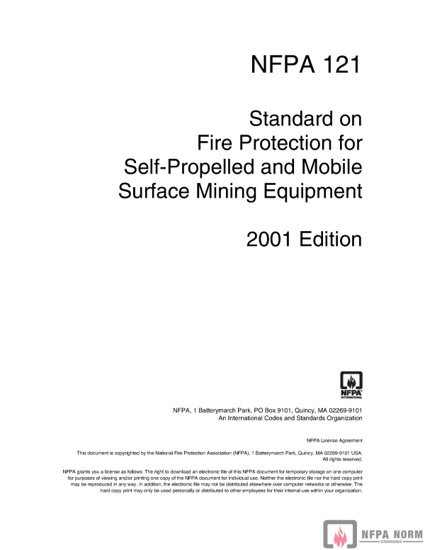 NFPA 121: STANDARD ON FIRE PROTECTION FOR SELF-PROPELLED AND MOBILE SURFACE MINING EQUIPMENT (2001) PDF